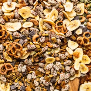 A bowl of mixed nuts and seeds with a wooden spoon.