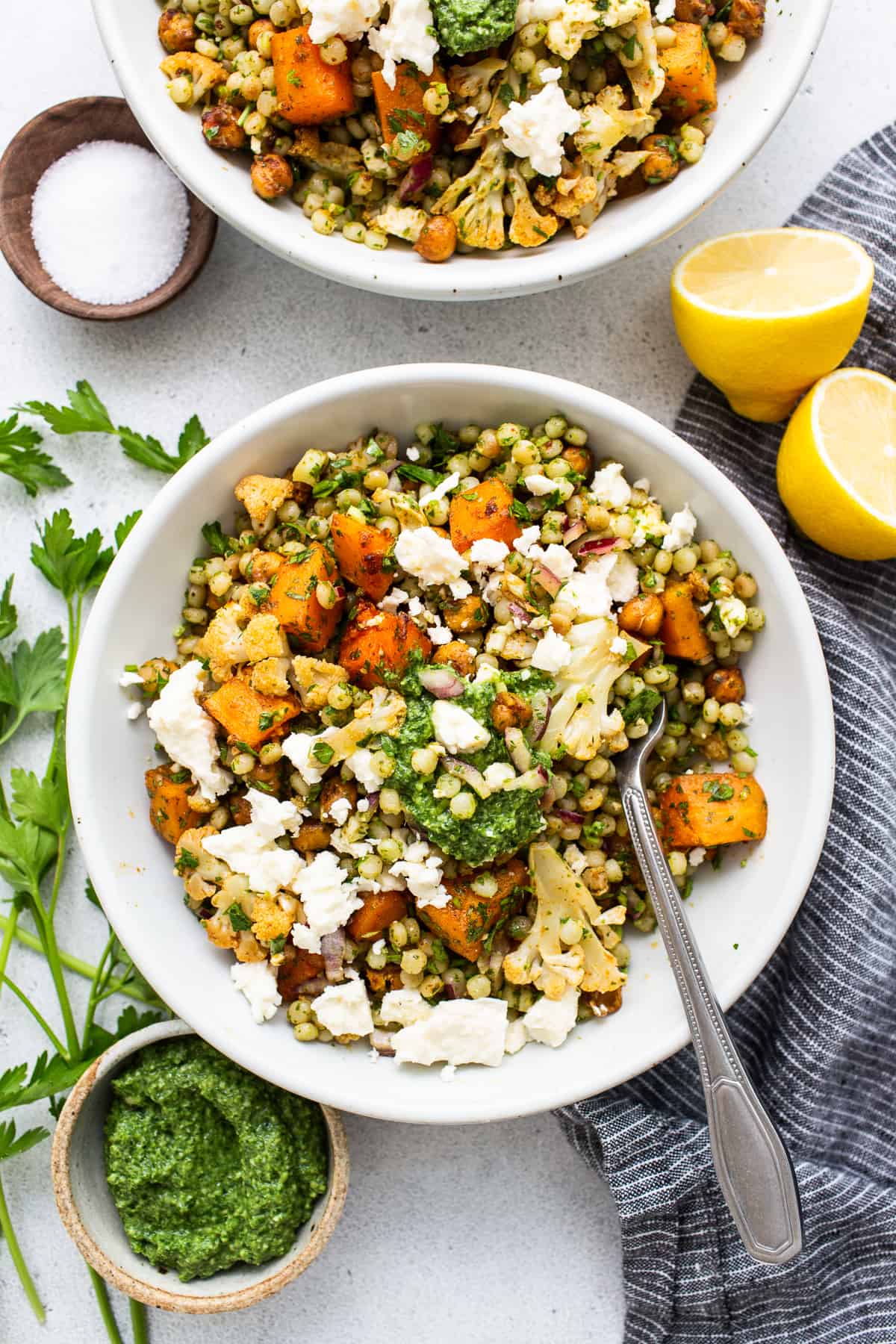 A bowl of couscous salad. 