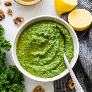 Kale pesto in a bowl.