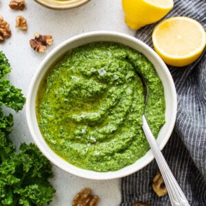 Kale pesto in a bowl.