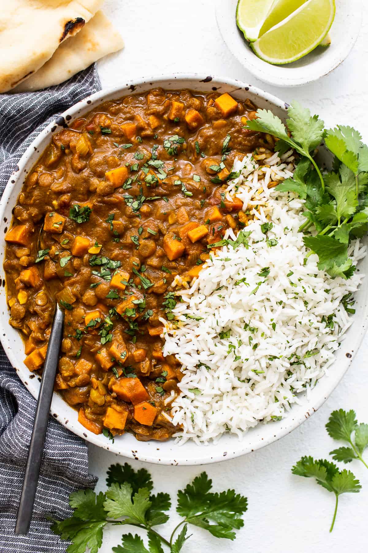 Vegetarian lentil curry in a bowl.