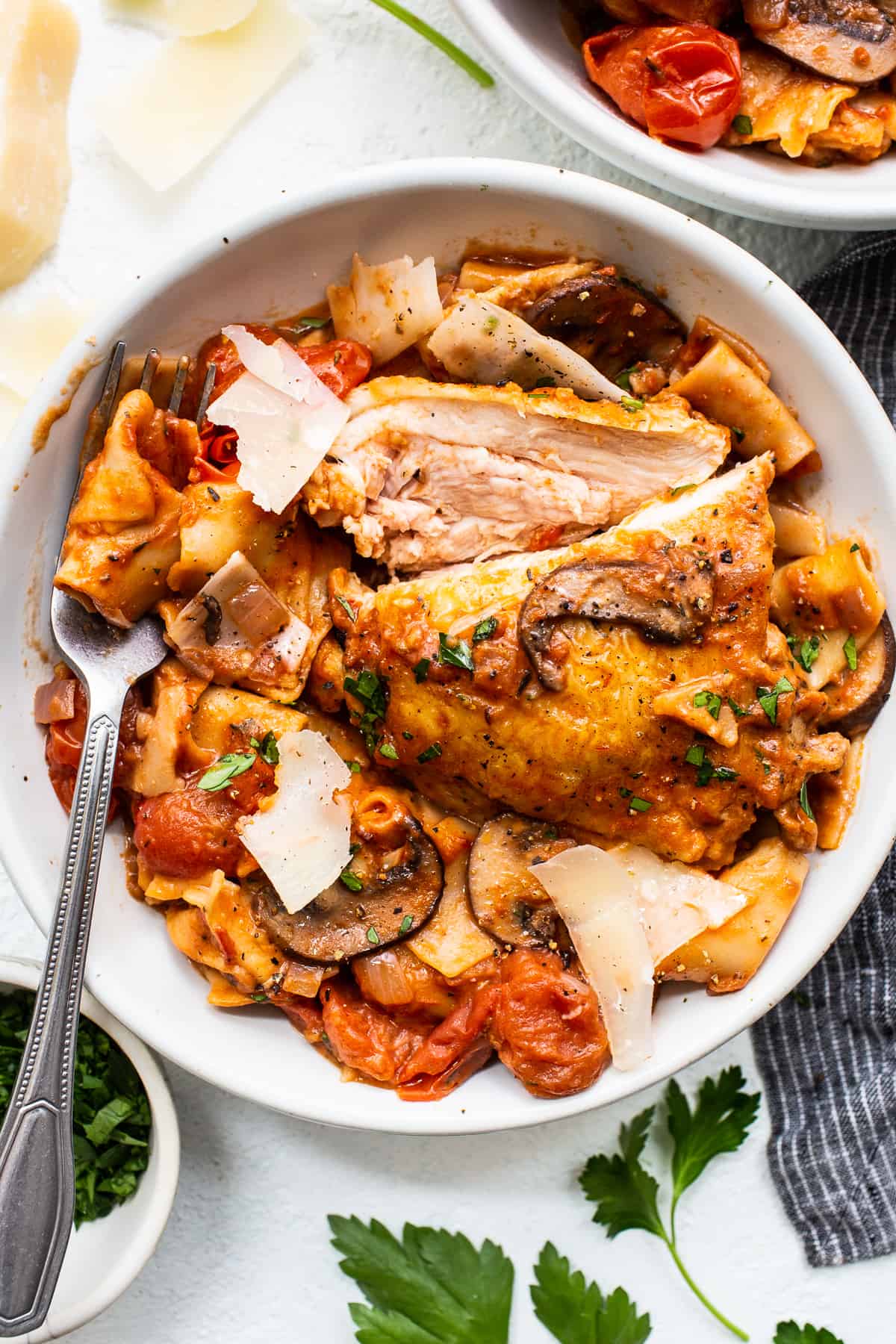 One pot pappardelle with chicken thighs in a bowl.