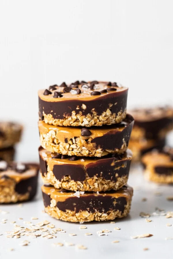 A stack of chocolate peanut butter oat bars.