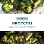 A picture of broccoli on a grill and a picture of broccoli on a plate.