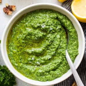 Kale pesto in a bowl.