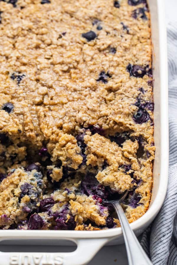 baked oatmeal in casserole dish.