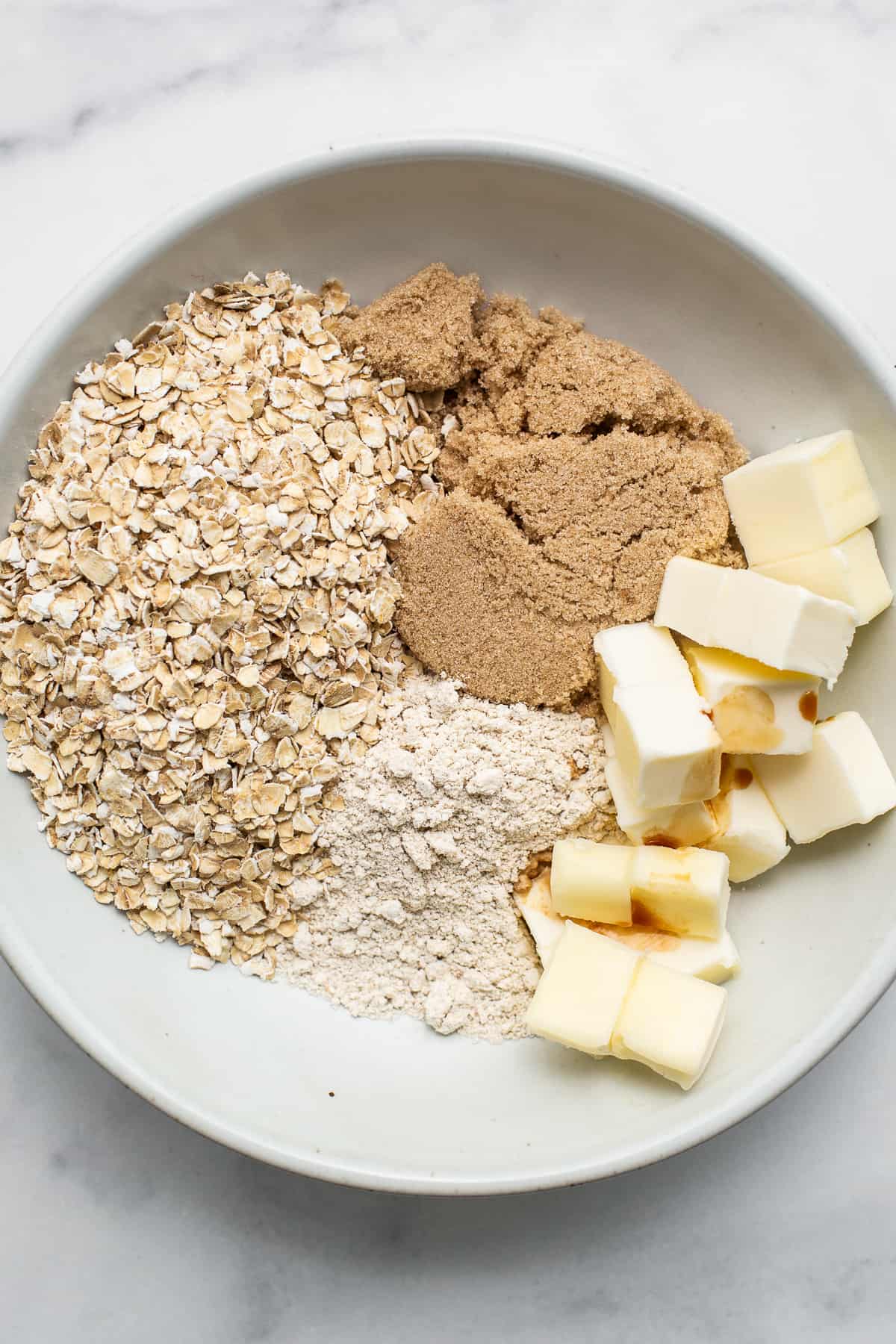 Ingredients for streusel topping in a bowl.