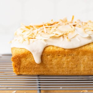 shredded coconut on loaf.