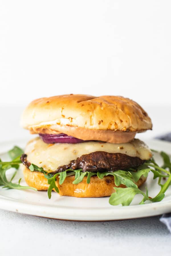 Portobello mushroom burger on a plate.