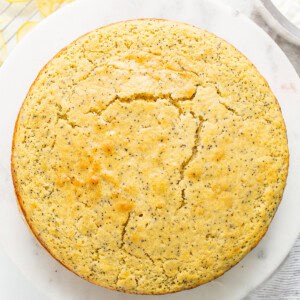 Lemon poppy seed cake on a white plate.