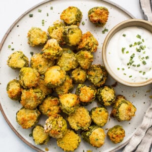 A plate of fried zucchini with a dipping sauce.