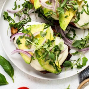 Avocado grilled cheese sandwich with arugula and tomatoes on a white plate.