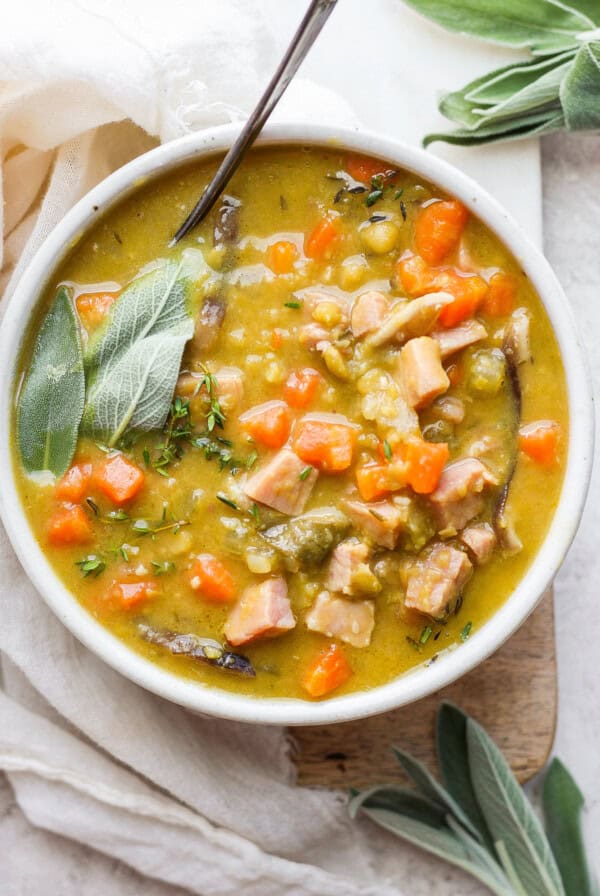 Bowl of split pea soup with ham.