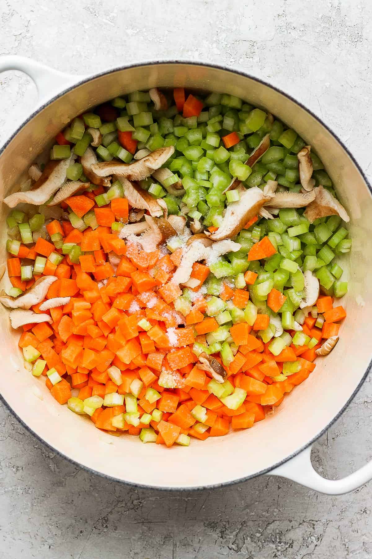 Diced veggies in a dutch oven.