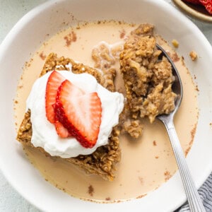 Tres leches baked oatmeal in a bowl.