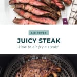 A photo of a juicy steak in an air fryer.