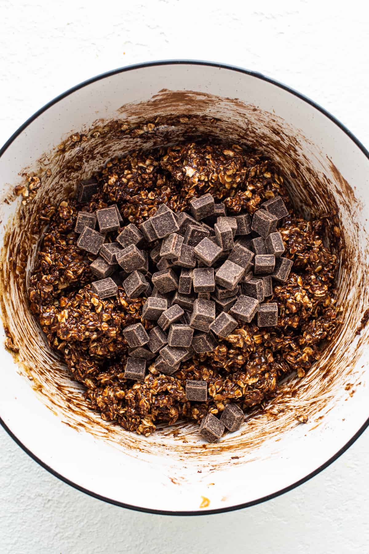 Chocolate granola in a bowl with chocolate chips.