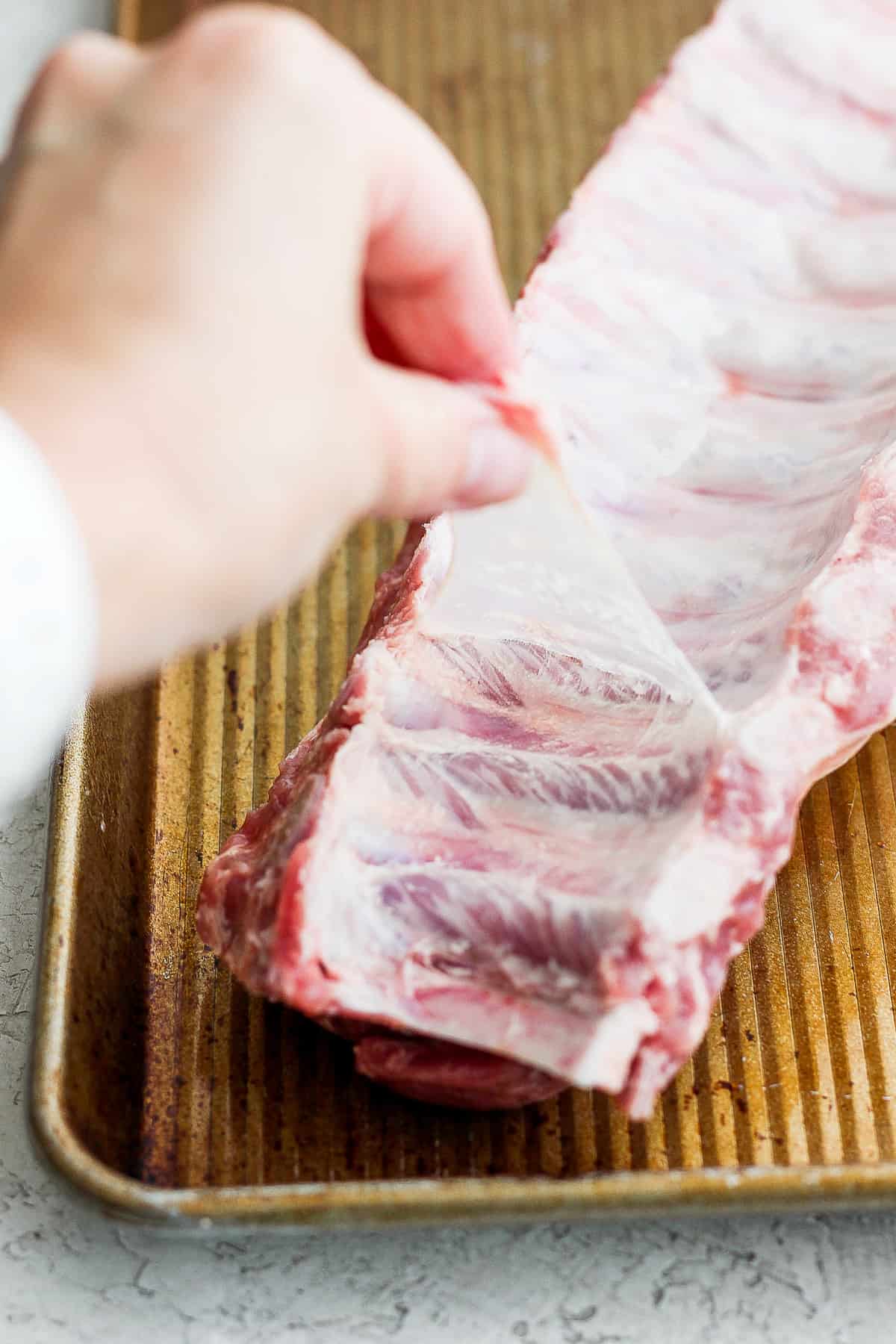 a person holding a piece of meat on a tray.