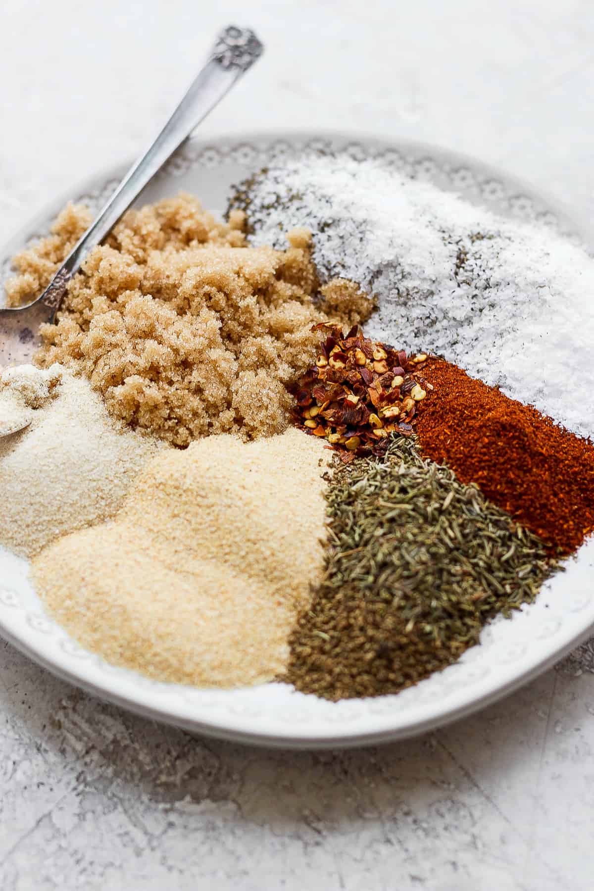 Rib rub ingredients on a plate.