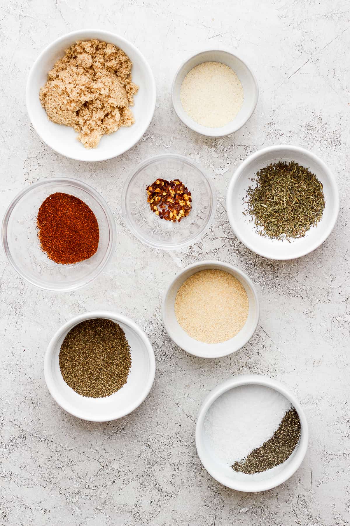 Rib rub ingredients in bowls.