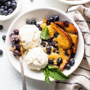 blueberry cobbler in bowl.