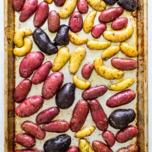 fingerling potatoes on baking sheet.