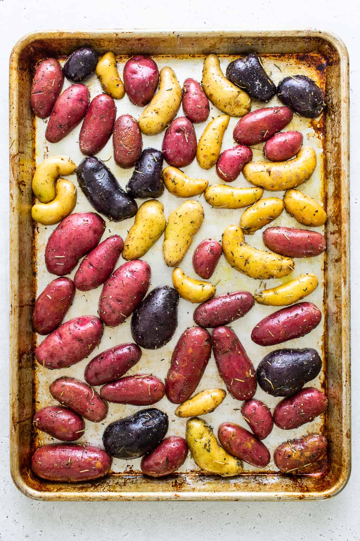 fingerling potatoes on baking sheet.