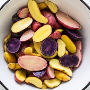 bowl of raw fingerling potatoes.