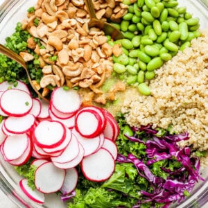 a bowl of quinoa, radishes, cashews and radishes.