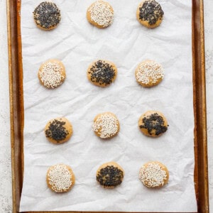 sesame sesame cookies on a baking sheet.