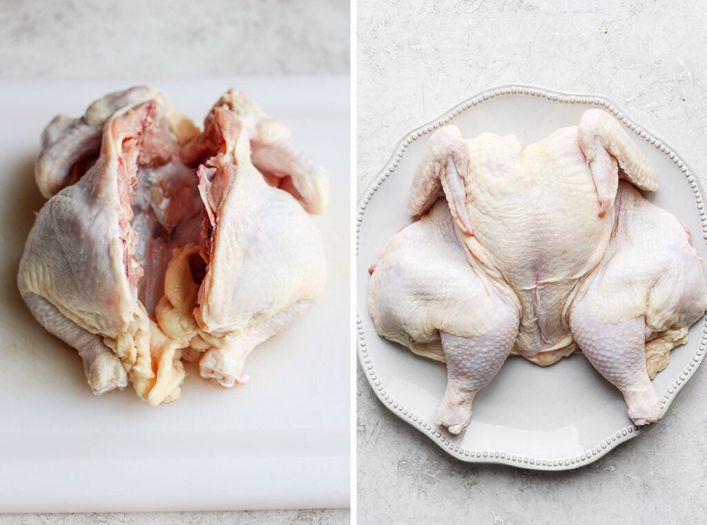 Two pictures of a spatchcock chicken on a cutting board.