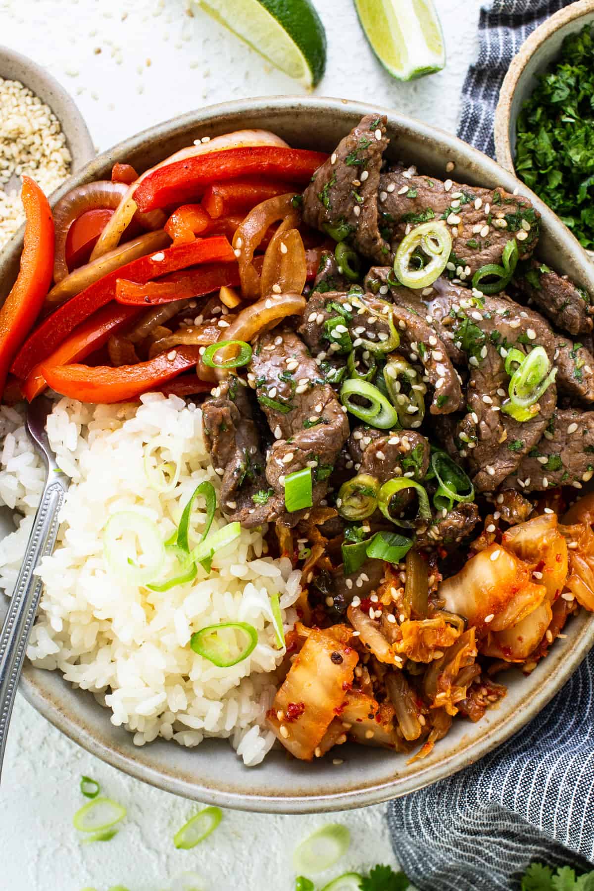 Korean beef bowl with rice and vegetables.