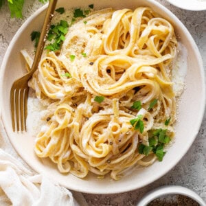 A bowl of pasta with parmesan cheese and parsley.