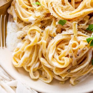 A plate of pasta with parmesan cheese and parsley.