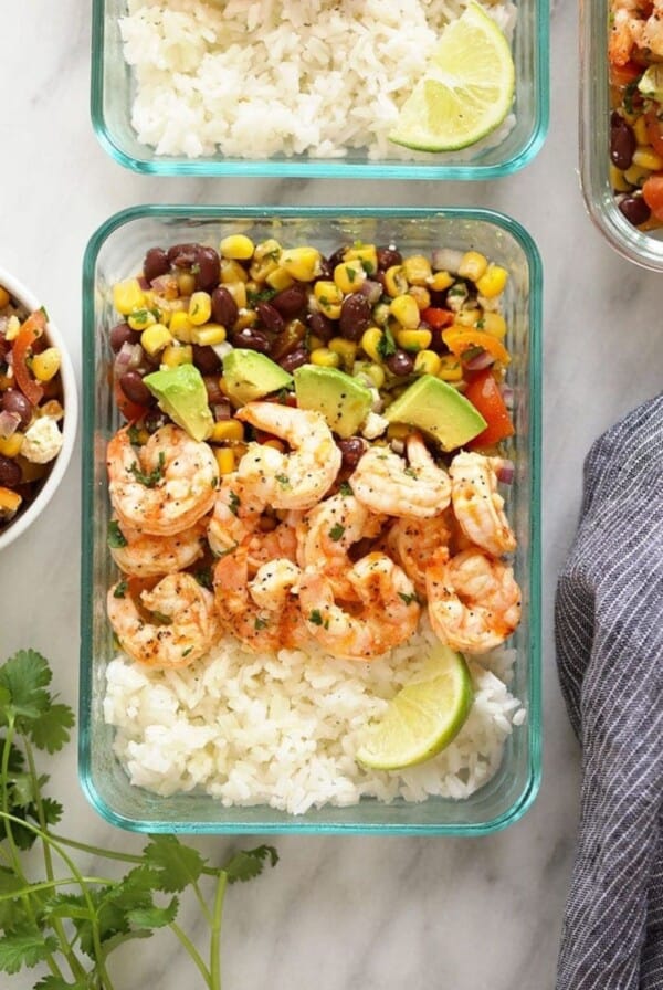 Grilled shrimp rice meal prep bowls.