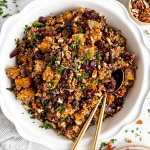 Cranberry quinoa salad with cranberries and nuts in a white bowl.