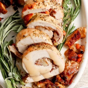 Roasted turkey stuffed with sage and thyme.