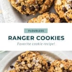 A plate of ranger cookies on a white plate.