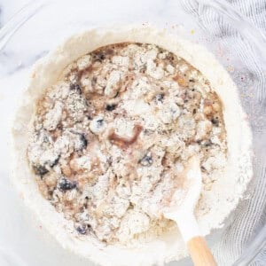 A bowl of oats with a wooden spoon in it.