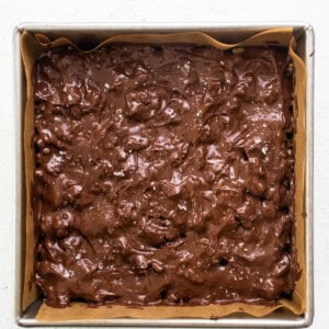 Chocolate fudge brownies in a baking pan.