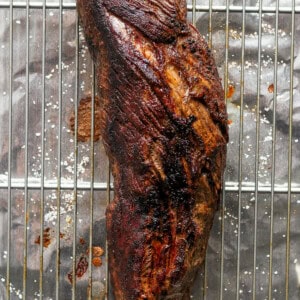 A piece of meat on a cooling rack.