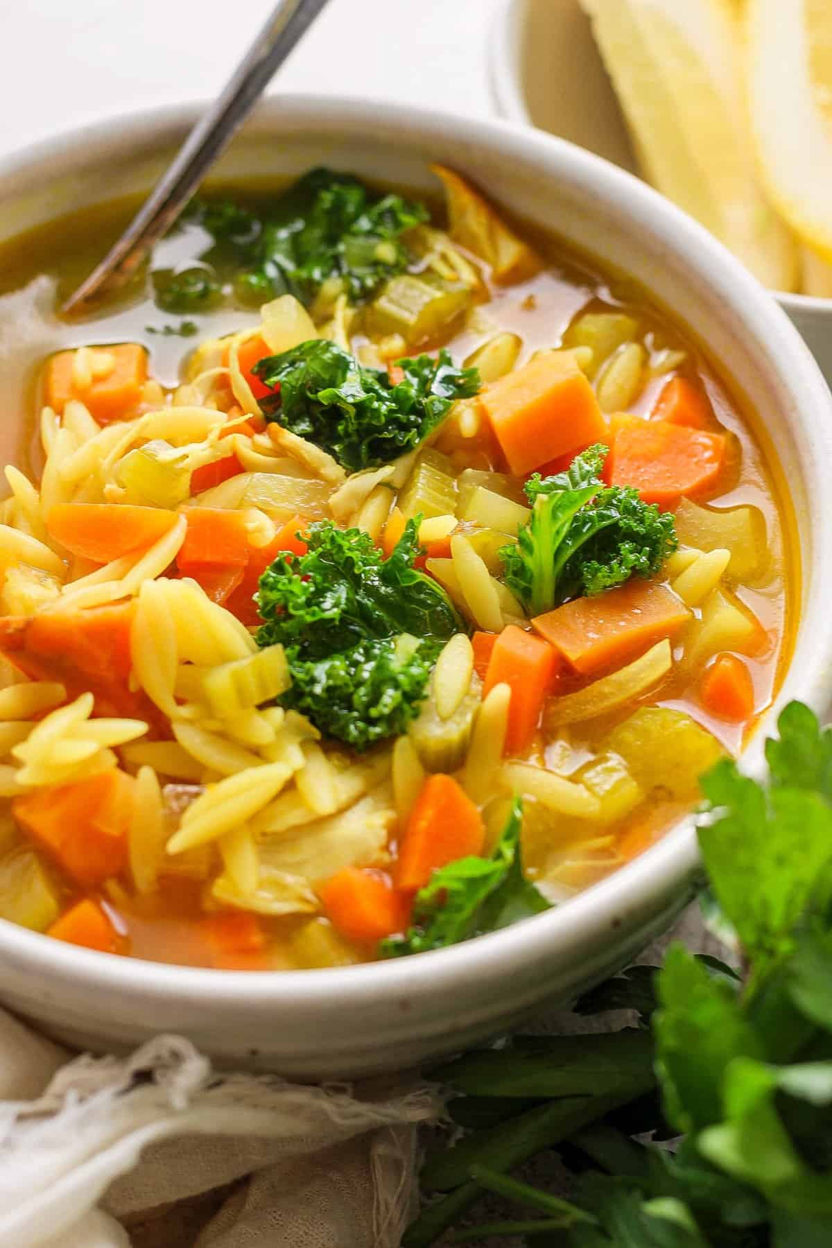 A bowl of soup with carrots and broccoli.