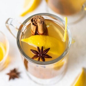 Mulled cider with cinnamon sticks and star anise.