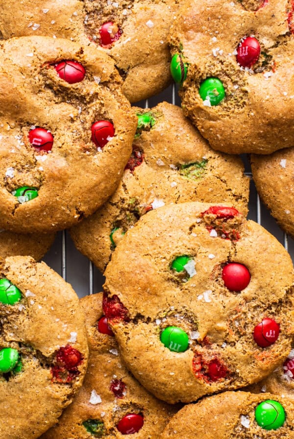 M&m cookies on a cooling rack.