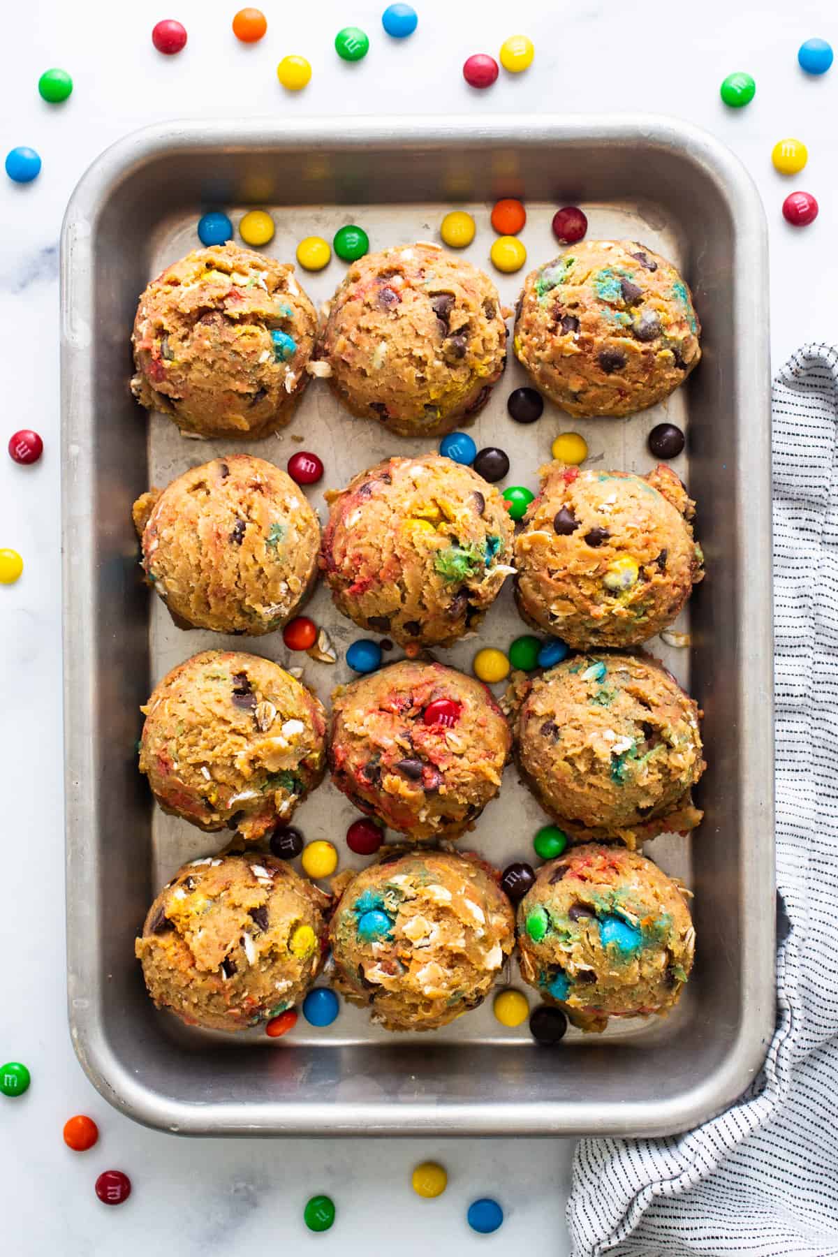 M & m cookies in a baking pan.