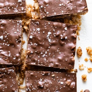 A plate of chocolate granola bars on a white surface.