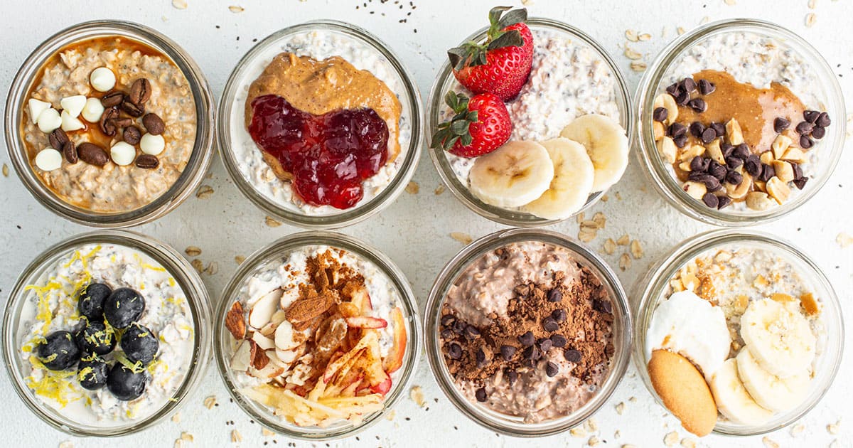 Oatmeal in jars with different toppings.