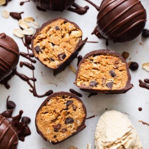 Chocolate covered peanut butter cups with a scoop of ice cream.