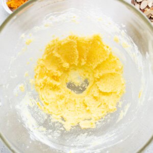 A glass bowl filled with ingredients for a recipe.