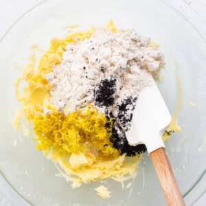 A bowl of ingredients with a wooden spoon in it.